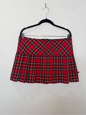 Vintage Y2K Alt Mall Goth Royal Bones Red & Black Plaid Pleated Mini Skirt